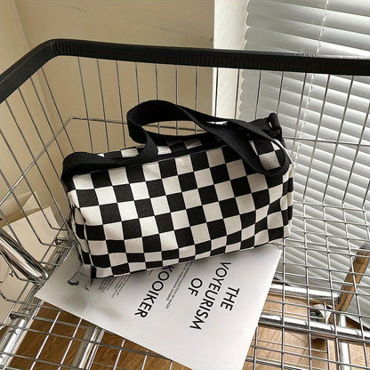 Chic Plaid Canvas Crossbody Bag Women - Adjustable Strap Sporty Boston Pillow Design