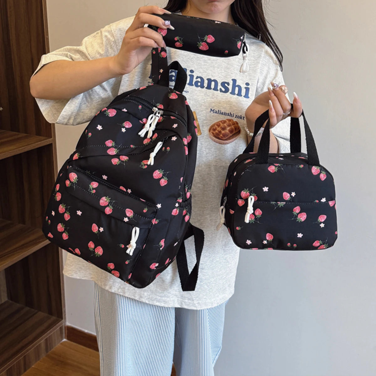 Fashionable Cute Strawberry Backpack Set 3pcs Handbag Pen Pouch Quilted Nylon Women S Dual Zipper