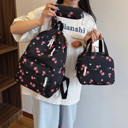 Fashionable Cute Strawberry Backpack Set 3pcs Handbag Pen Pouch Quilted Nylon Women S Dual Zipper