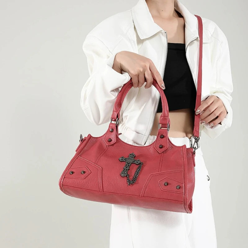 Gothic Shoulder Bag – Vintage Faux Leather Cross Chain Handbag