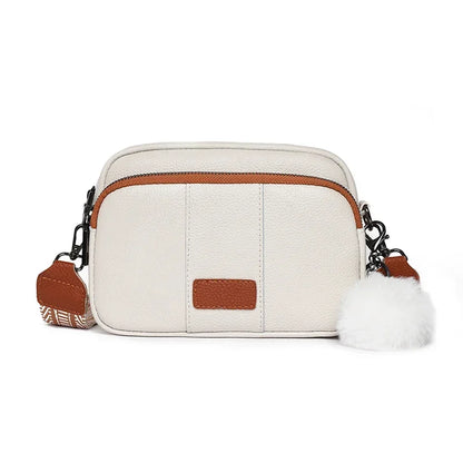 Genuine Leather Women's Crossbody Bag with Fur Charm