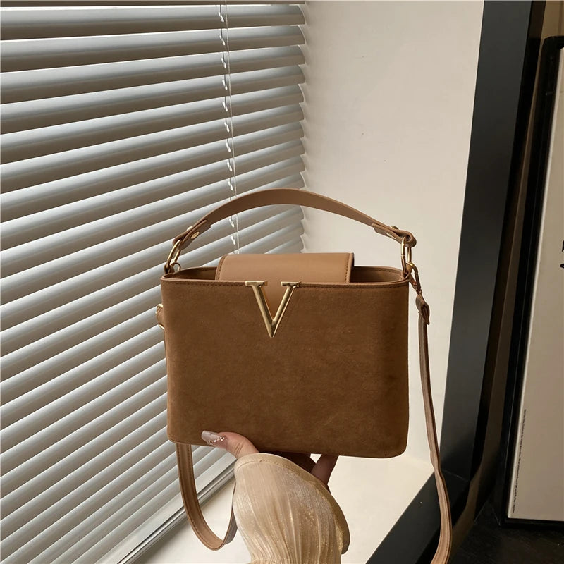 Mini Suede Crossbody Bag with Gold V-Buckle