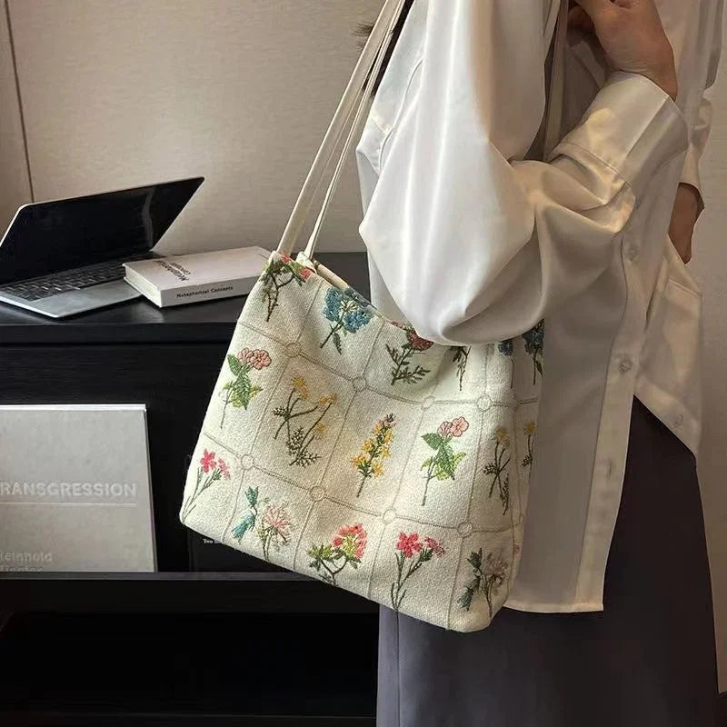 Large-Capacity Embroidered Tote Bag Women Summer Trendy Cloth Niche Embroidery Shoulder Texture