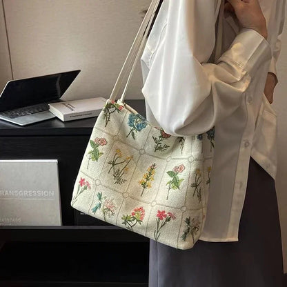 Large-Capacity Embroidered Tote Bag Women Summer Trendy Cloth Niche Embroidery Shoulder Texture