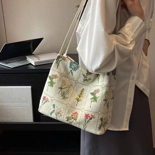 Large-Capacity Embroidered Tote Bag Women Summer Trendy Cloth Niche Embroidery Shoulder Texture