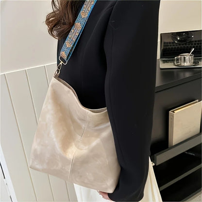Stylish Beige Leather Tote Bag Decorative Printed Wide Strap Crossbody Bag Work Commute Large