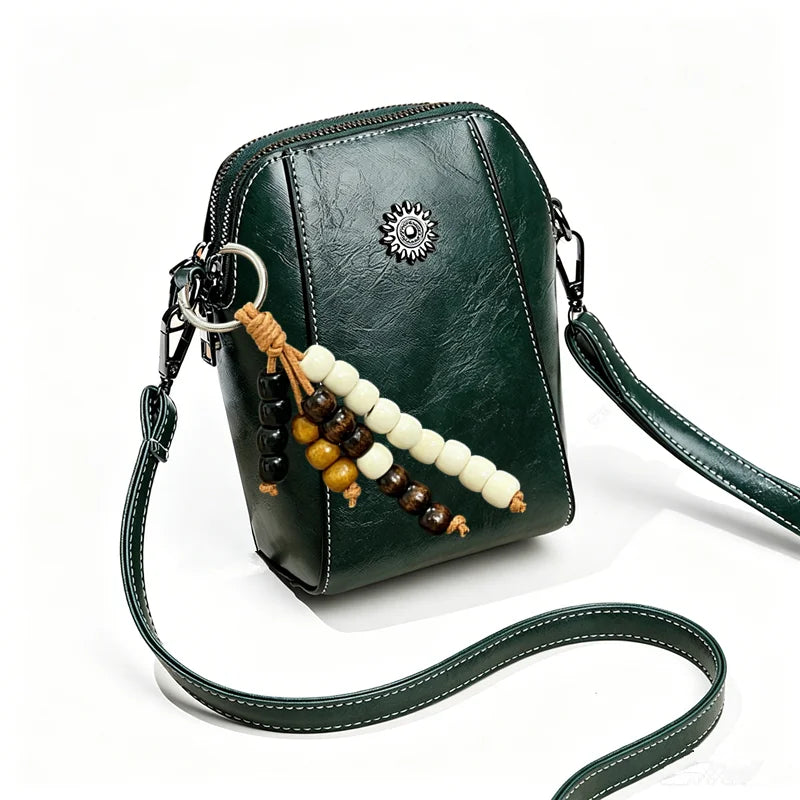 Crossbody Phone Bag – Vintage Faux Leather with Bohemian Beaded Keychain
