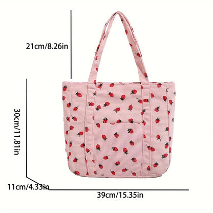 Chic Pink Strawberry Pattern Corduroy Tote Bag Women Work Shopping Handbag Shoulder