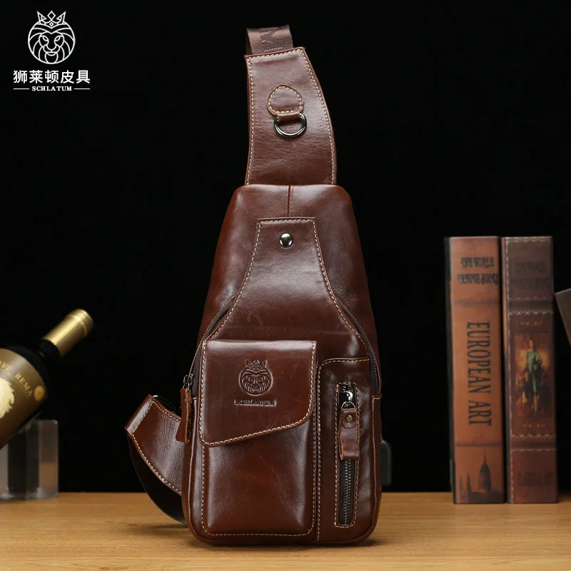 Real Leather Cross-Body Chest Bag Men Retro Head Layer Cowhide Large Capacity Usb Front Satchel