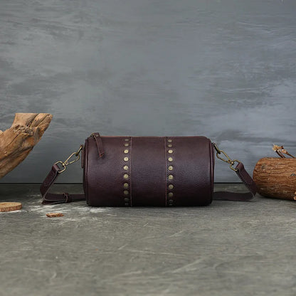 Genuine Rivet Cylinder Bag Vintage Vegetated Tanned Head Layer Cofskin One Shoulder Diagonal Span