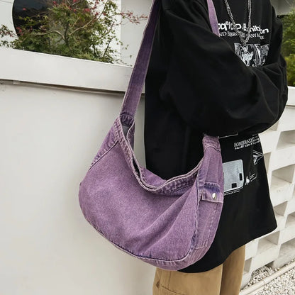 Denim Crossbody Bag for Women – Vintage Washed Wide Strap Shoulder Tote