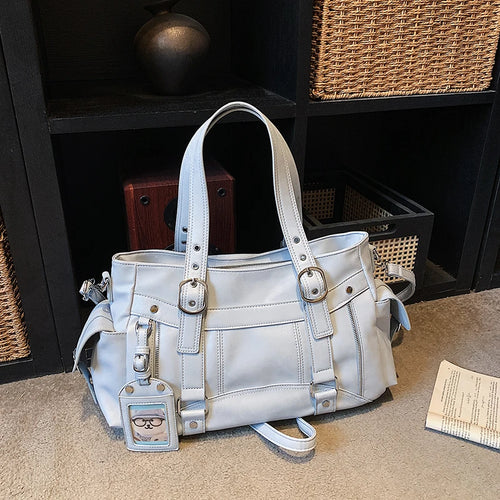 Commute Y2k Women Tote Bag Soft Pu Leather Metal Shoulder Large Capacity Multi Pocket Handbag