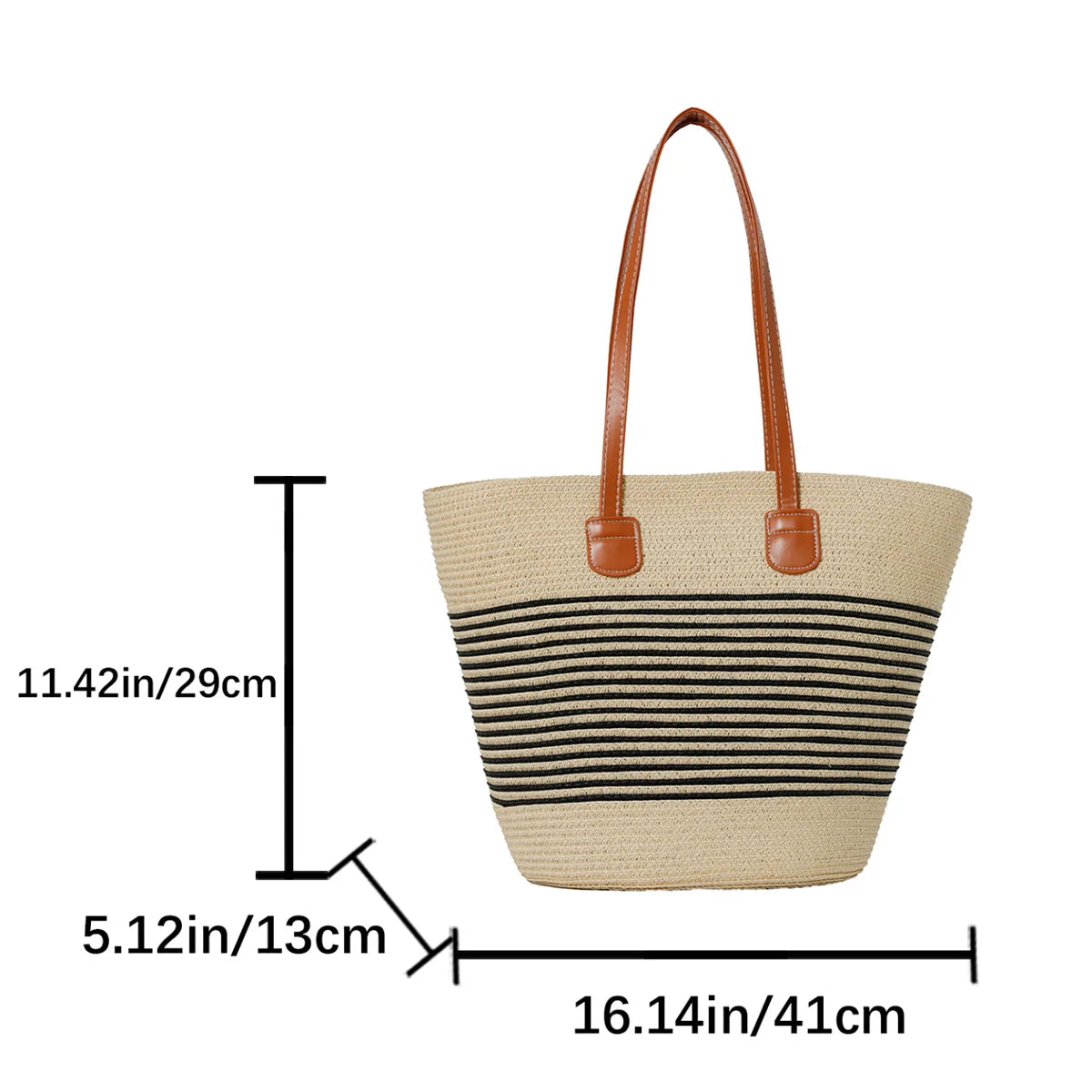Vacation Fresh Women Tote Bag Solid Stripe Woven Shoulder Large Capacity Breathable Straw Handbag