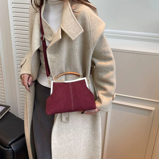Retro Matte Suede Velvet Shell Single-Shoulder Bag Women Color-Blocking Patchwork Hand-Held