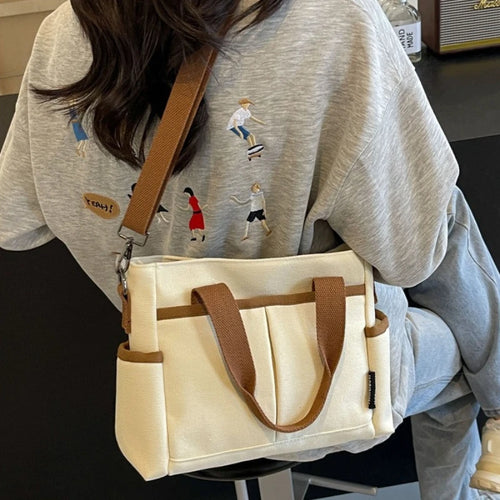 Canvas Tote Bag with Crossbody Strap & Multi-Pocket