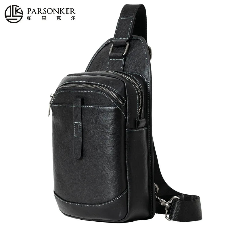 Men S Genuine Leather Simple High-End Chest Bag Multiple Compartments Large Capacity Travel