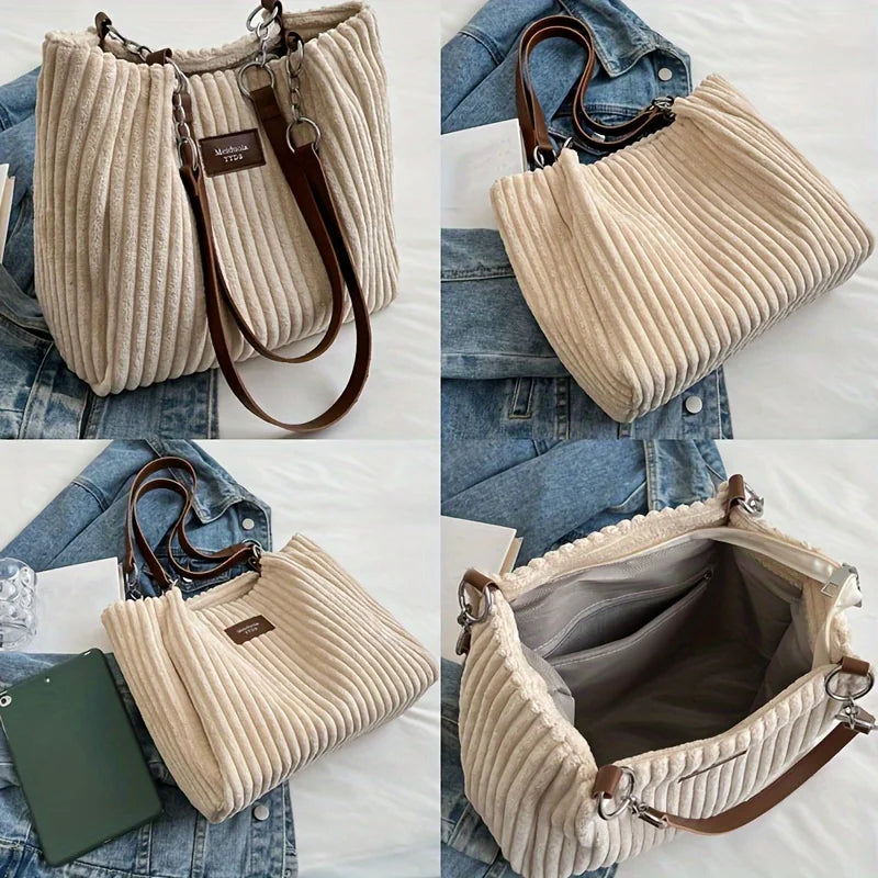 Corduroy Tote Bag with Chain Strap – Large Shoulder Bag