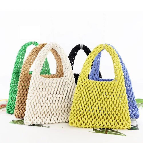 Summer Hollow Woven Cotton Rope Tote Bag Women Handmade Mesh Beach Casual Handbag Shoulder Vacation