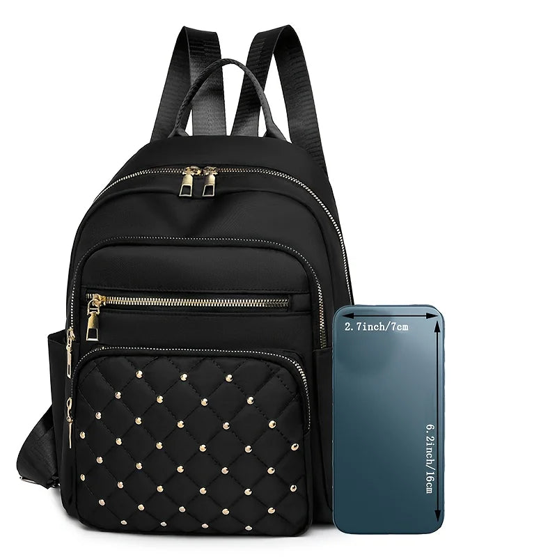 Quilted Nylon Backpack for Women – Rivet Detail with Gold Hardware