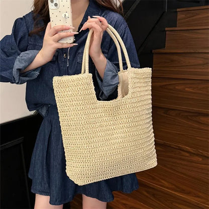 Chic Straw Tote Bag Women Large Capacity Handbag Fashionable Woven Shoulder Zip Closure