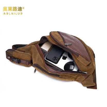 Canvas Leather Patchwork Retro Crossbody Chest Bag Crescent-Shaped Multi-Functional Large-Capacity