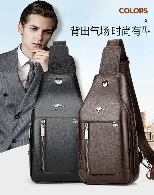 Men S Chest Bag Cowhide Cross-Body Casual Shoulder Leather Large Capacity