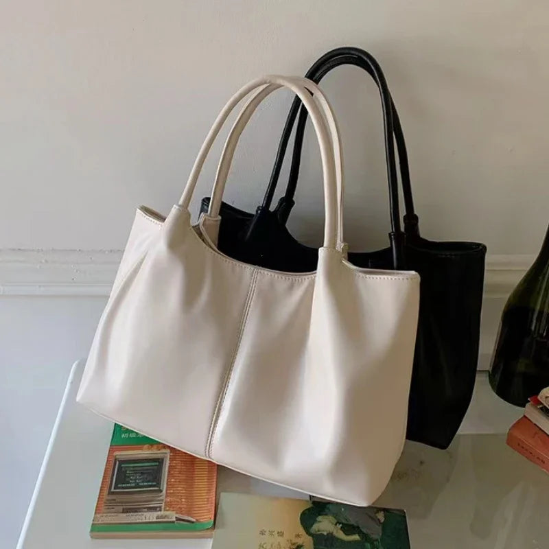 Simple White Shoulder Bag Women S Pu Leather Soft Underarm Tote School Large Capacity Full Student