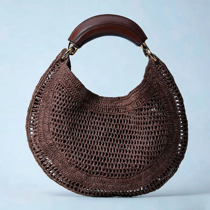 Popular Straw Crescent Bag Woven Tote Pu Leather Handle