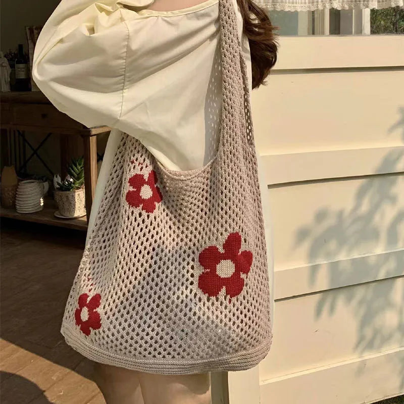Crochet Flower Mesh Tote Bag - Summer Knitted Shoulder Handbag