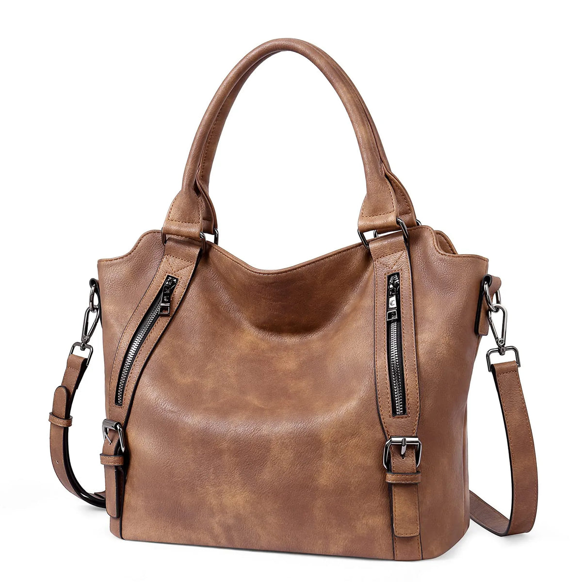 Faux Leather Tote Bag – Multi-Zipper Shoulder Handbag for Women