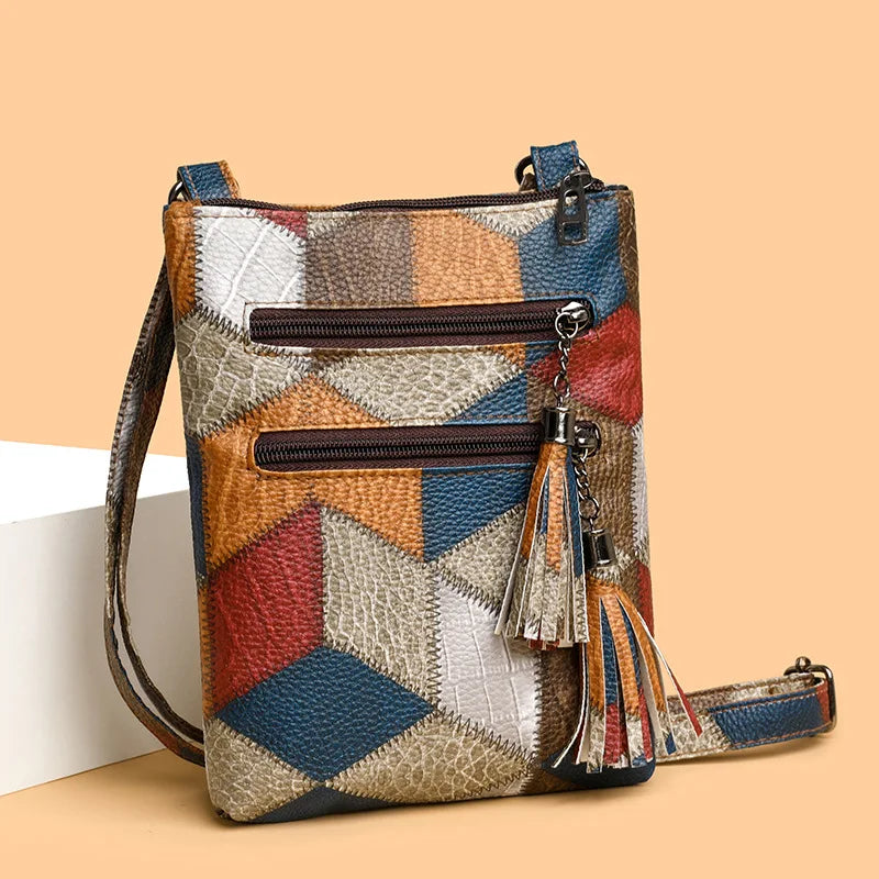 Retro PU Leather Crossbody Bag – Color Block Plaid & Tassel