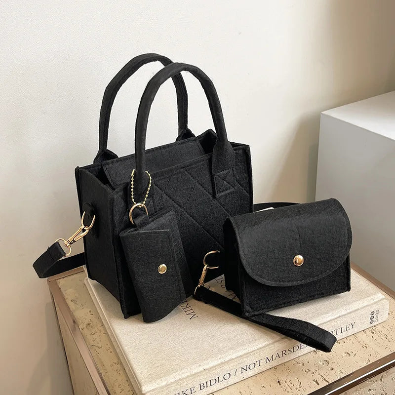 3-Piece Women's Quilted Felt Handbag Set with Crossbody & Mini Bag