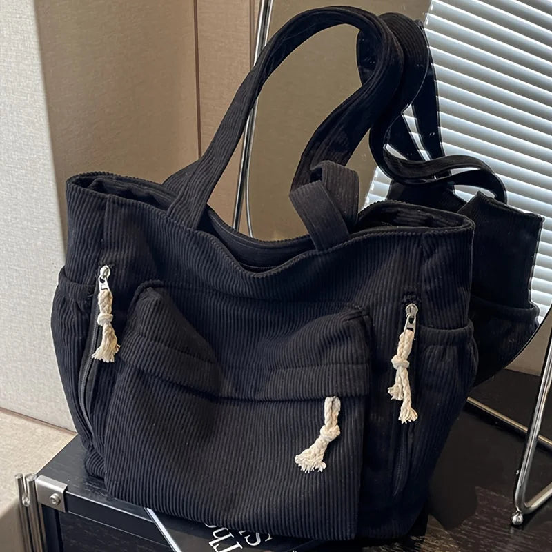 Corduroy Tote Bag with Multi Pockets & Tassel Zippers