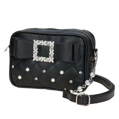 Sweet Knot Pearl Oulder Crossbody Bag Diamond Id Pattern Small Square Faionable Young Women Shoulder