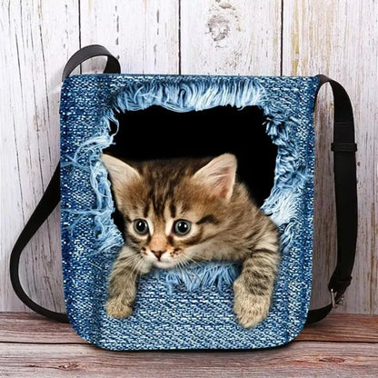 Women's Denim Crossbody Bag – Cute Cat Print Shoulder Bag