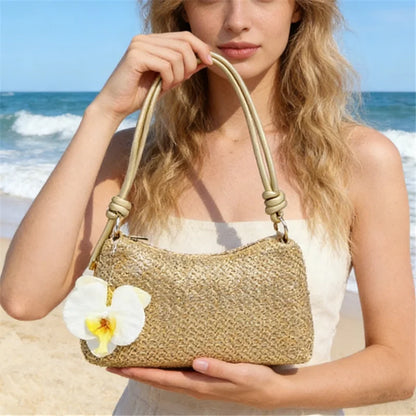 Straw Woven Tote Bag – Summer Shoulder Bag with Flower Pendant for Women