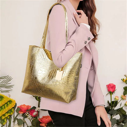 Large Capacity Tote Bag for Women – Croc-Embossed Shoulder Bag with Zipper