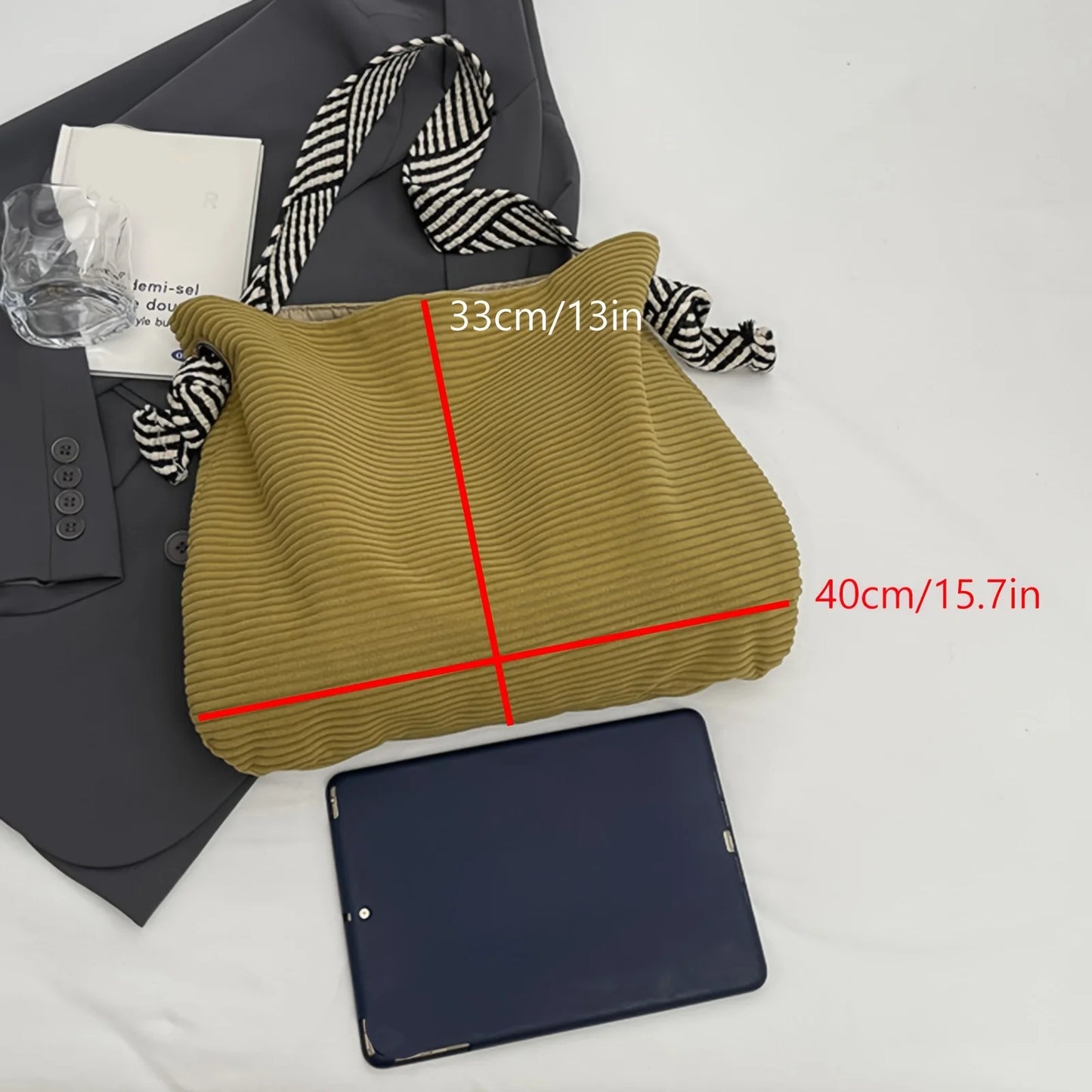 Women's Corduroy Tote Bag – Casual Shoulder Handbag with Striped Handles