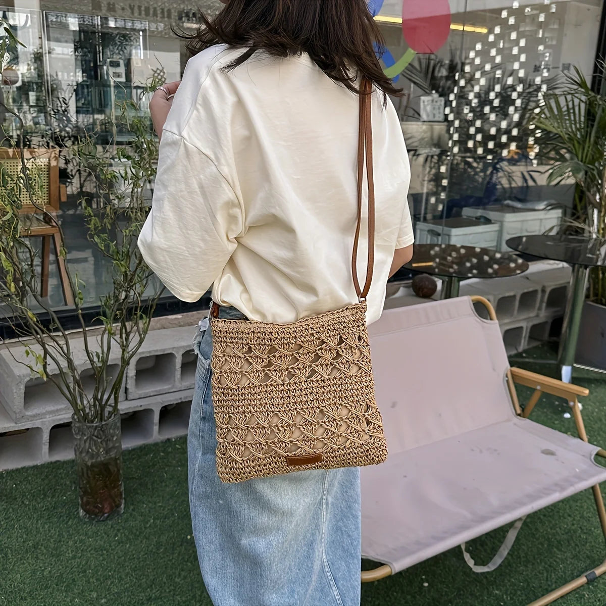 Handmade Paper Straw Crossbody Bag with Zipper & Leather Strap