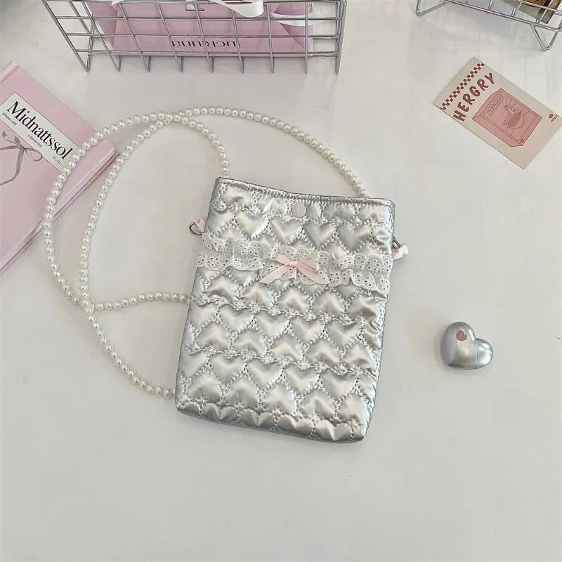 Satin Mini Phone Bag – Bow Embossed Pearl Chain Shoulder Purse