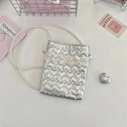 Satin Mini Phone Bag – Bow Embossed Pearl Chain Shoulder Purse