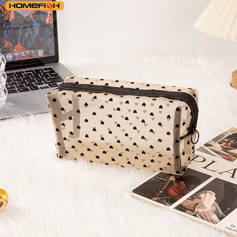 Homefish Heart Transparent Mesh Makeup Bag Multifunction Portable Women Cosmetic Storage Pouch