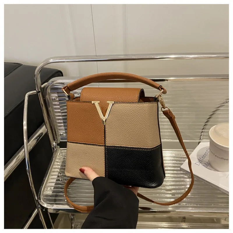 Colorblock Bucket Bag – Mini Crossbody Handbag with Gold V Accent