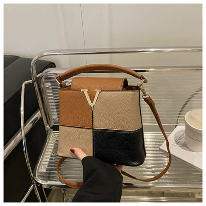 Colorblock Bucket Bag – Mini Crossbody Handbag with Gold V Accent