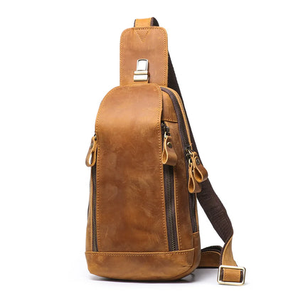 Retro Men S Genuine Leather Chest Bag Crazy Horse Leather Sports Crossbody Backpack