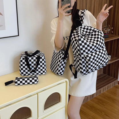 Checkerboard 4pcs Backpack Set Crossbody Handbag Pen Case Stitching Multi Pocket Adjustable Straps