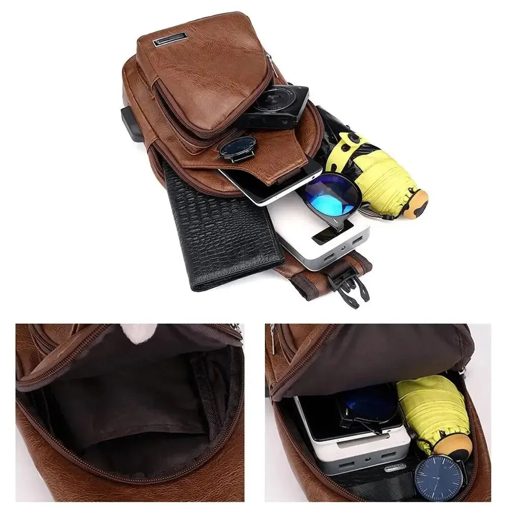 Simple Fashionable Casual Solid Color Pu Multifunctional Usb Charging Zipper Men S Chest Bag