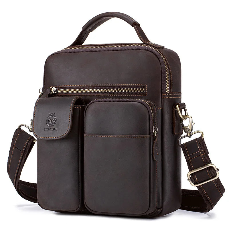 Crazy Horse Leather Men S Single-Shoulder Bag Genuine Leather Multi-Pocket Crossbody Top Layer