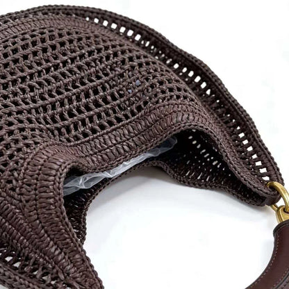Popular Straw Crescent Bag Woven Tote Pu Leather Handle
