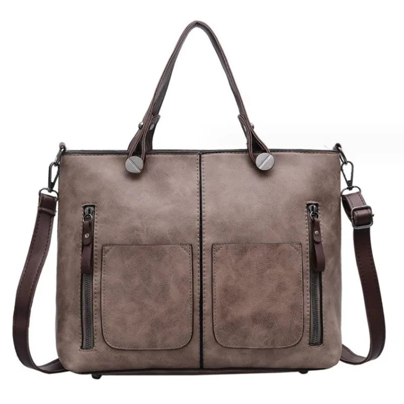 Retro Leather Tote Bag for Women with Double Pockets